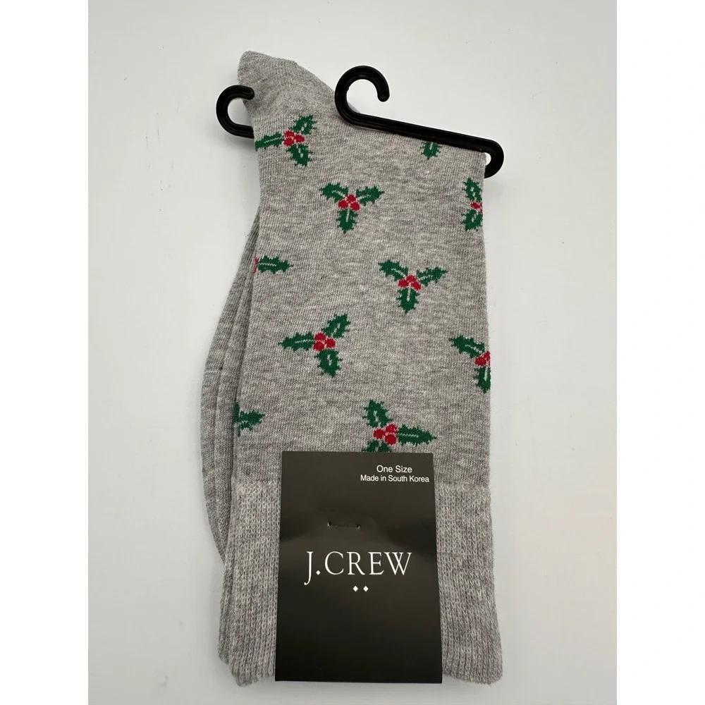 J. Crew Mens Christmas Holiday Socks Gray Holly‎ Berry Crew Socks One Size